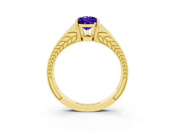 Yellow gold Pear Cut Tanzanite Split Shank Ring with Pavé Band and Four-Prong Setting