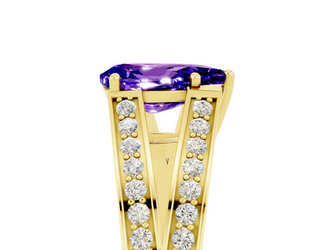 Yellow gold Pear Cut Tanzanite Split Shank Ring with Pavé Band and Four-Prong Setting_5
