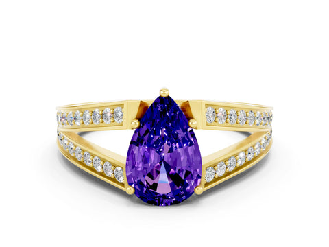 Yellow gold Pear Cut Tanzanite Split Shank Ring with Pavé Band and Four-Prong Setting