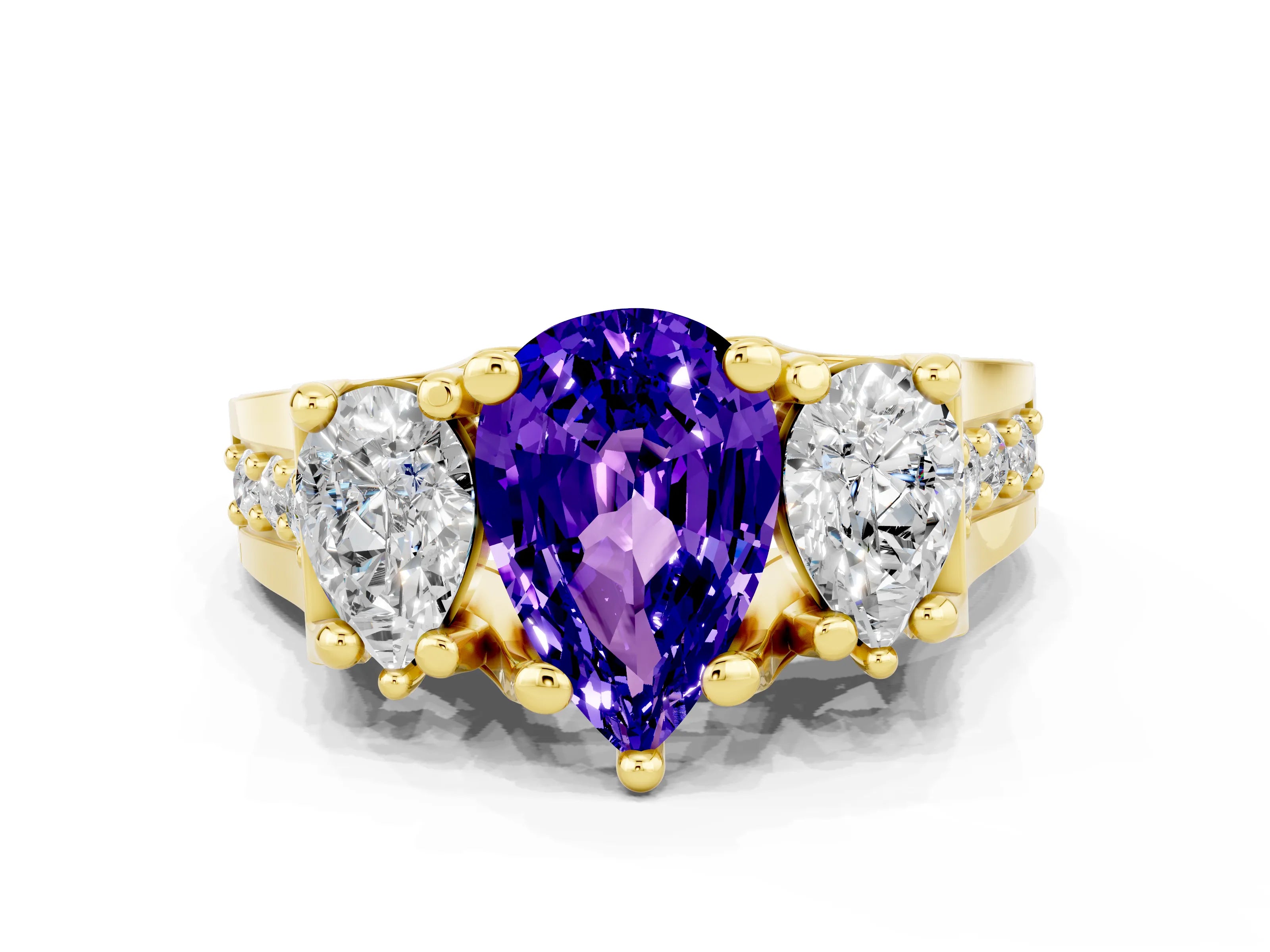 Yellow gold Pear Cut Tanzanite Three-Stone Ring with Channel Set Band and Four-Prong Setting