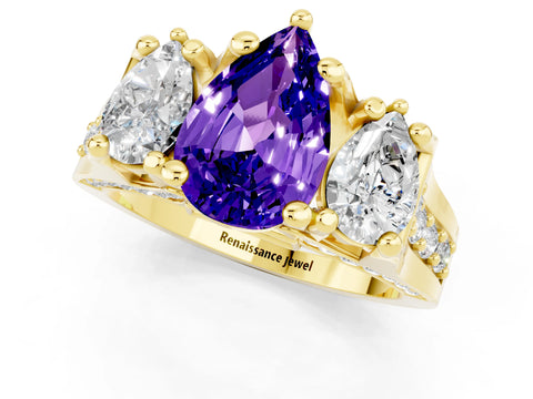 Yellow gold Pear Cut Tanzanite Three-Stone Ring with Channel Set Band and Four-Prong Setting_1
