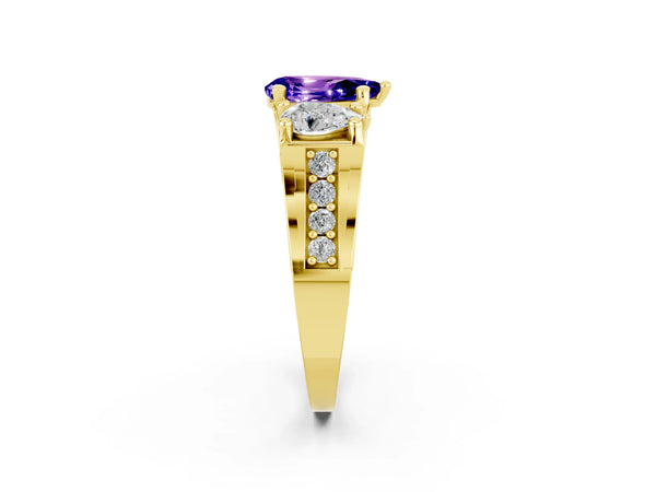 Yellow gold Pear Cut Tanzanite Three-Stone Ring with Channel Set Band and Four-Prong Setting