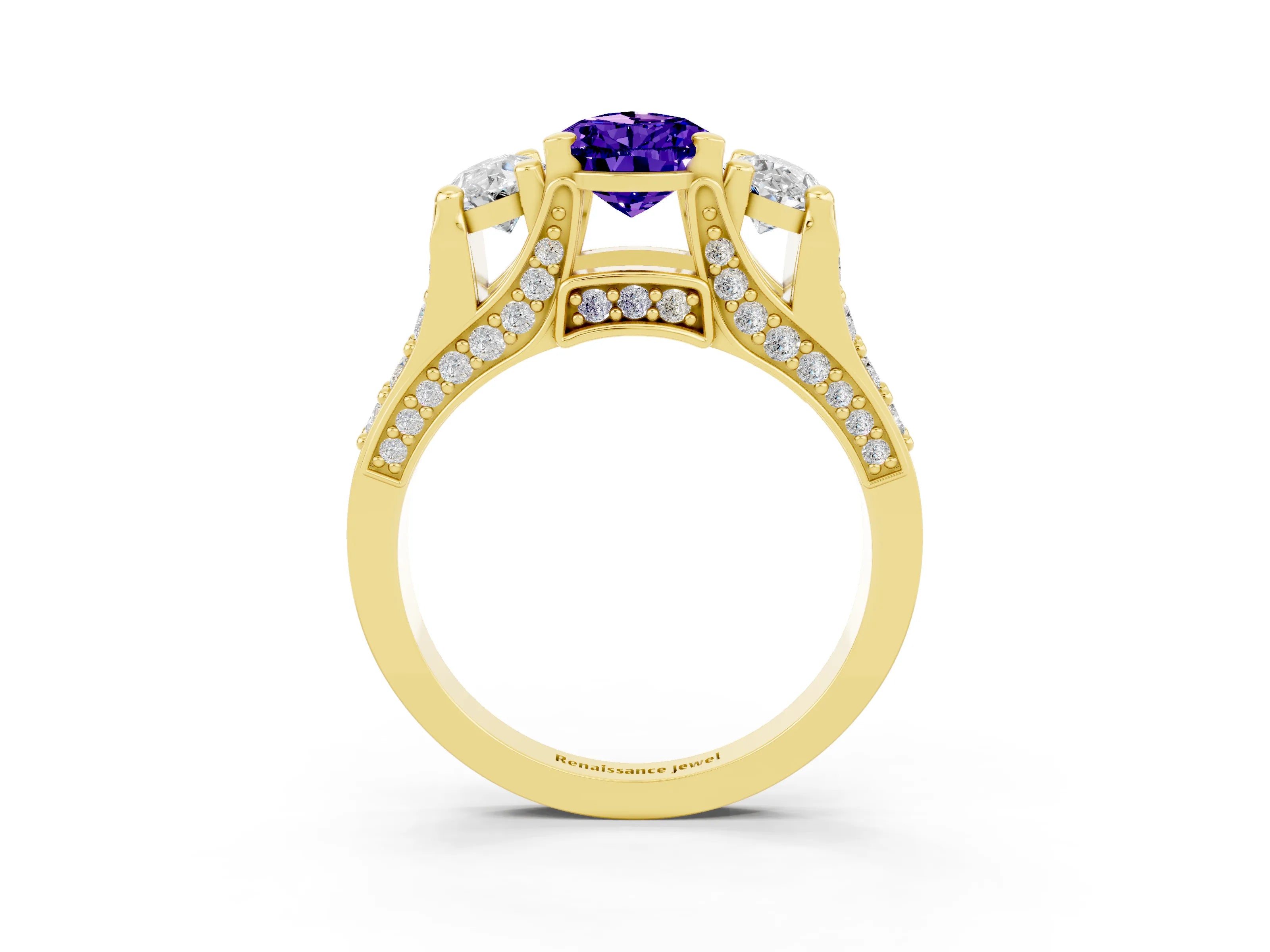 Yellow gold Pear Cut Tanzanite Three-Stone Ring with Channel Set Band and Four-Prong Setting_3