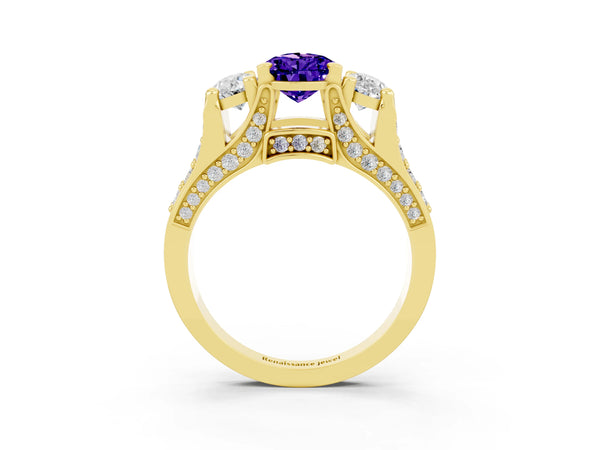 Yellow gold Pear Cut Tanzanite Three-Stone Ring with Channel Set Band and Four-Prong Setting