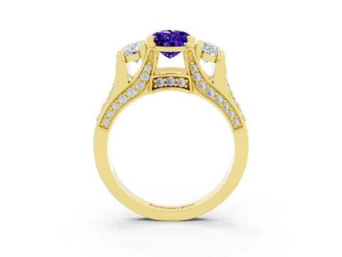 Yellow gold Pear Cut Tanzanite Three-Stone Ring with Channel Set Band and Four-Prong Setting_3