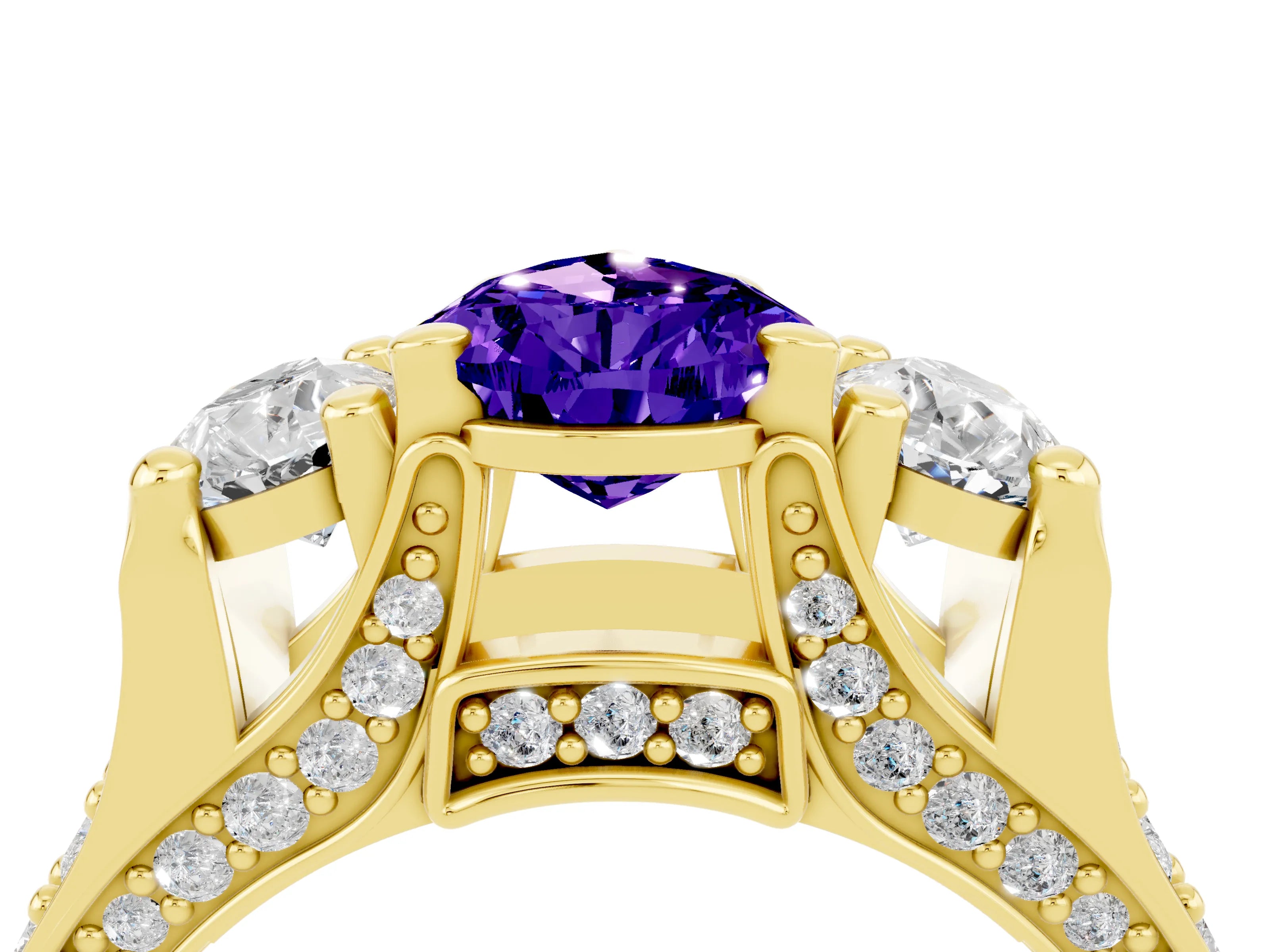 Yellow gold Pear Cut Tanzanite Three-Stone Ring with Channel Set Band and Four-Prong Setting_4