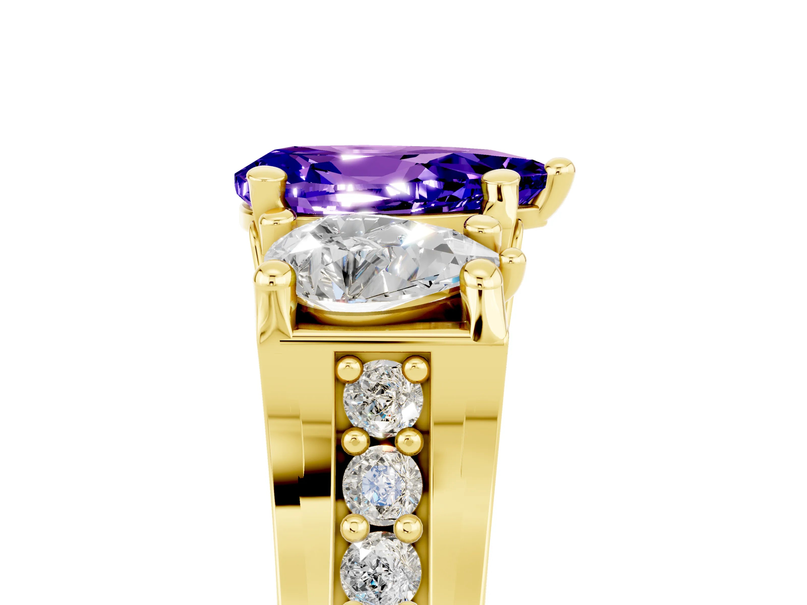 Yellow gold Pear Cut Tanzanite Three-Stone Ring with Channel Set Band and Four-Prong Setting_5
