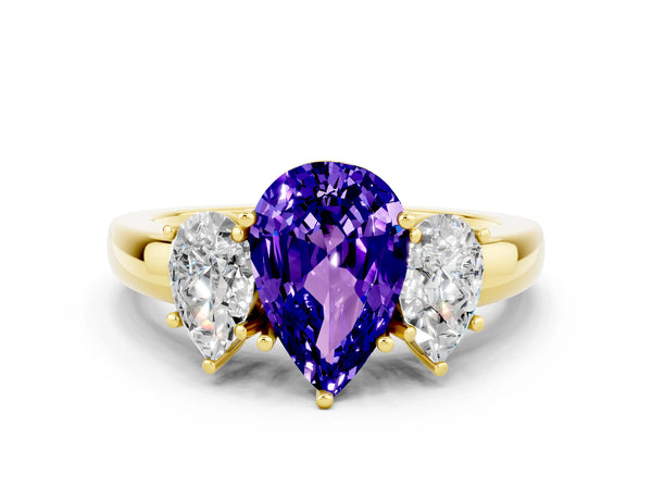 Yellow gold Pear Cut Tanzanite Three-Stone Ring with Four-Prong Setting and Classic Band