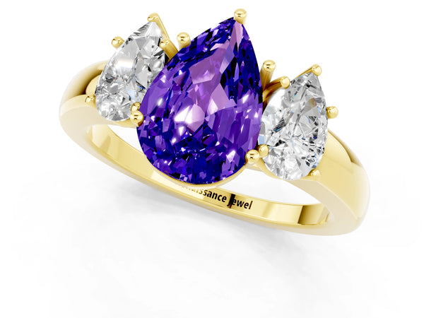 Yellow gold Pear Cut Tanzanite Three-Stone Ring with Four-Prong Setting and Classic Band