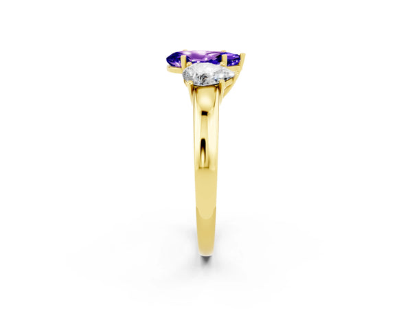 Yellow gold Pear Cut Tanzanite Three-Stone Ring with Four-Prong Setting and Classic Band