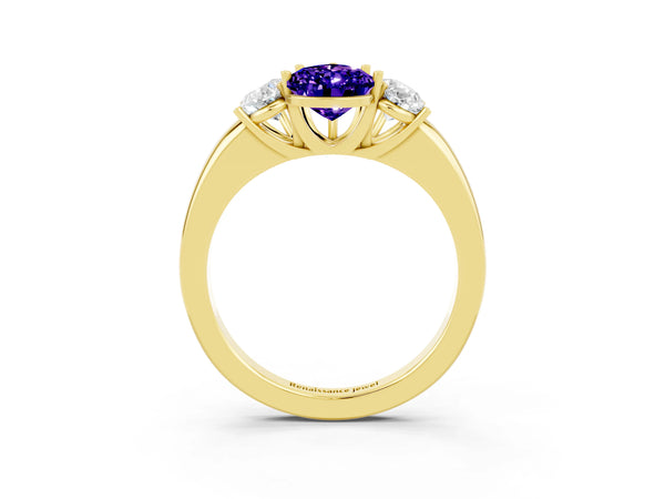 Yellow gold Pear Cut Tanzanite Three-Stone Ring with Four-Prong Setting and Classic Band