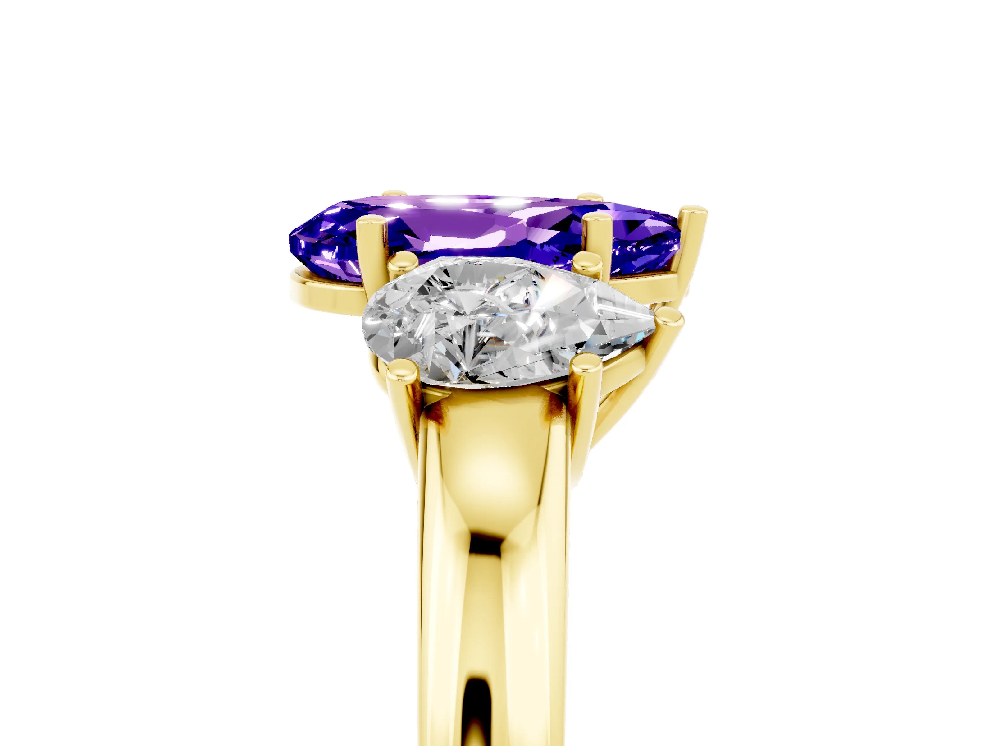 Yellow gold Pear Cut Tanzanite Three-Stone Ring with Four-Prong Setting and Classic Band_5