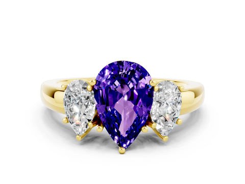 Yellow gold Pear Cut Tanzanite Three-Stone Ring with Four-Prong Setting and Classic Band