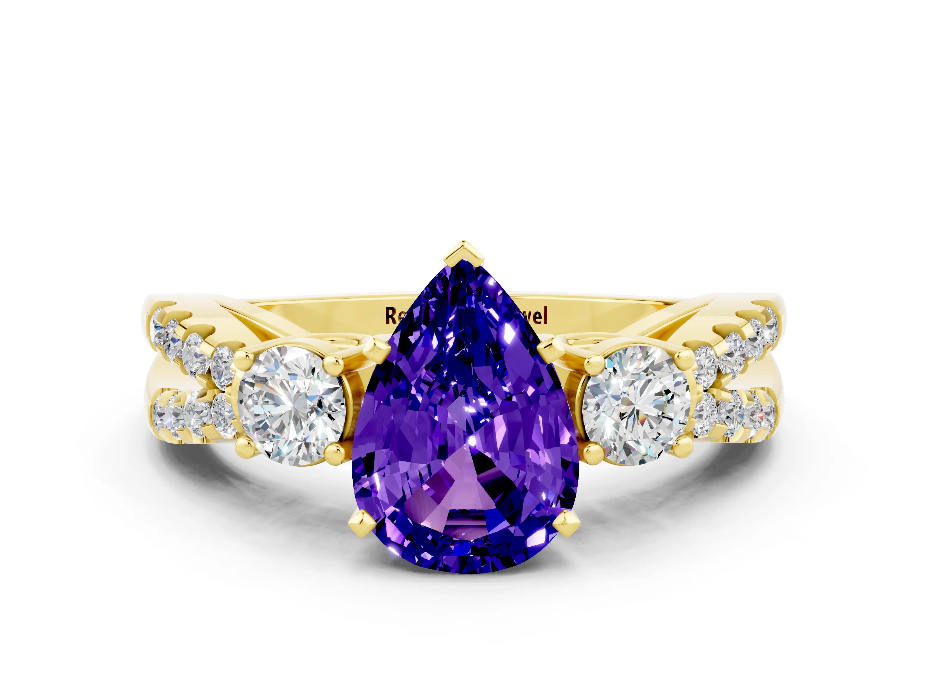 Yellow gold Pear Cut Tanzanite Three-Stone Ring with Pavé Split Shank and Four-Prong Setting_12