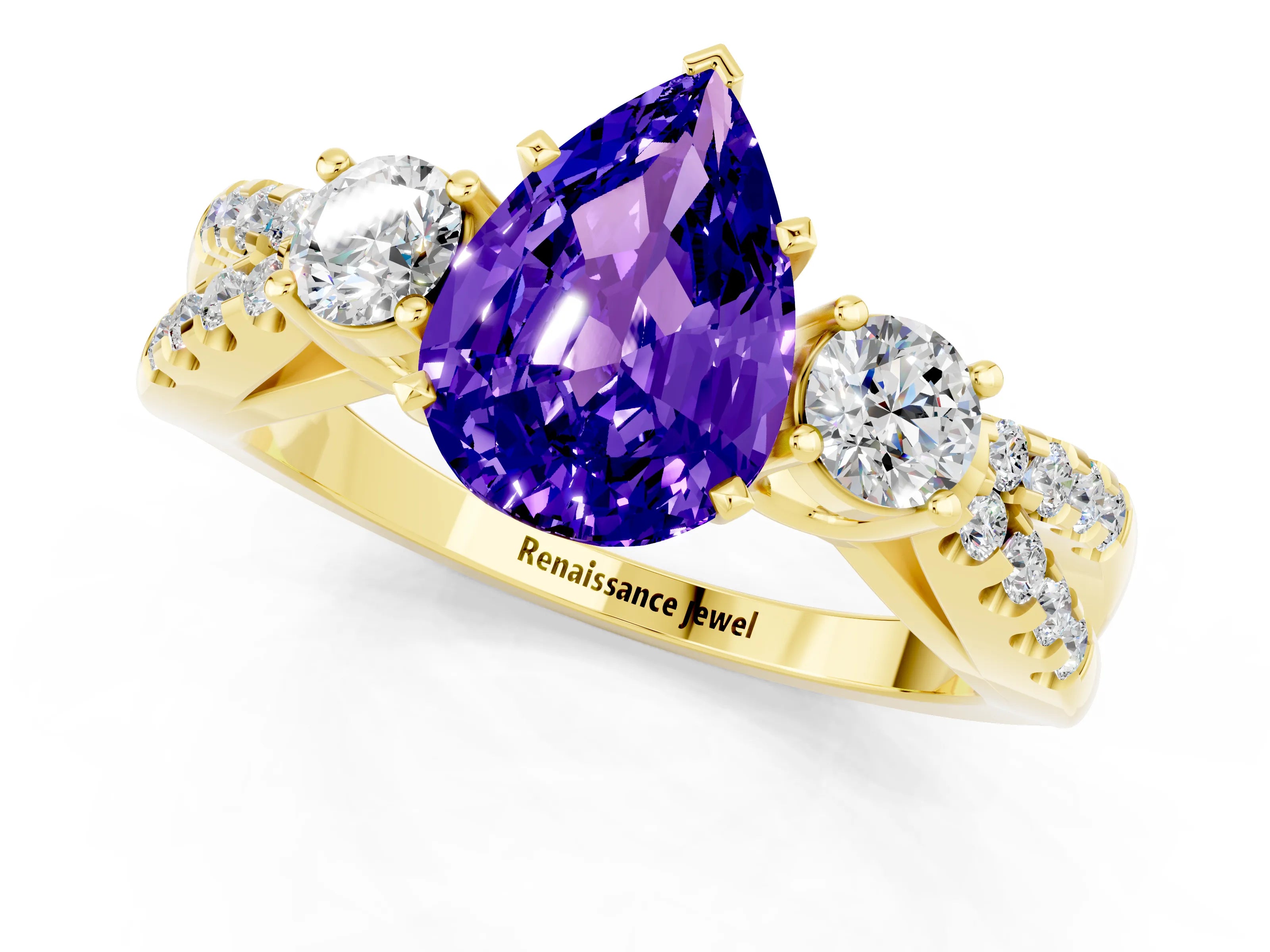 Yellow gold Pear Cut Tanzanite Three-Stone Ring with Pavé Split Shank and Four-Prong Setting_13