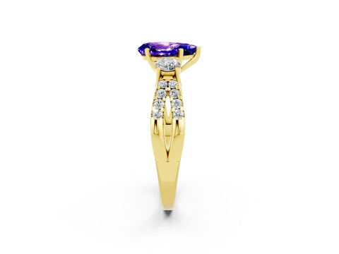 Yellow gold Pear Cut Tanzanite Three-Stone Ring with Pavé Split Shank and Four-Prong Setting_14