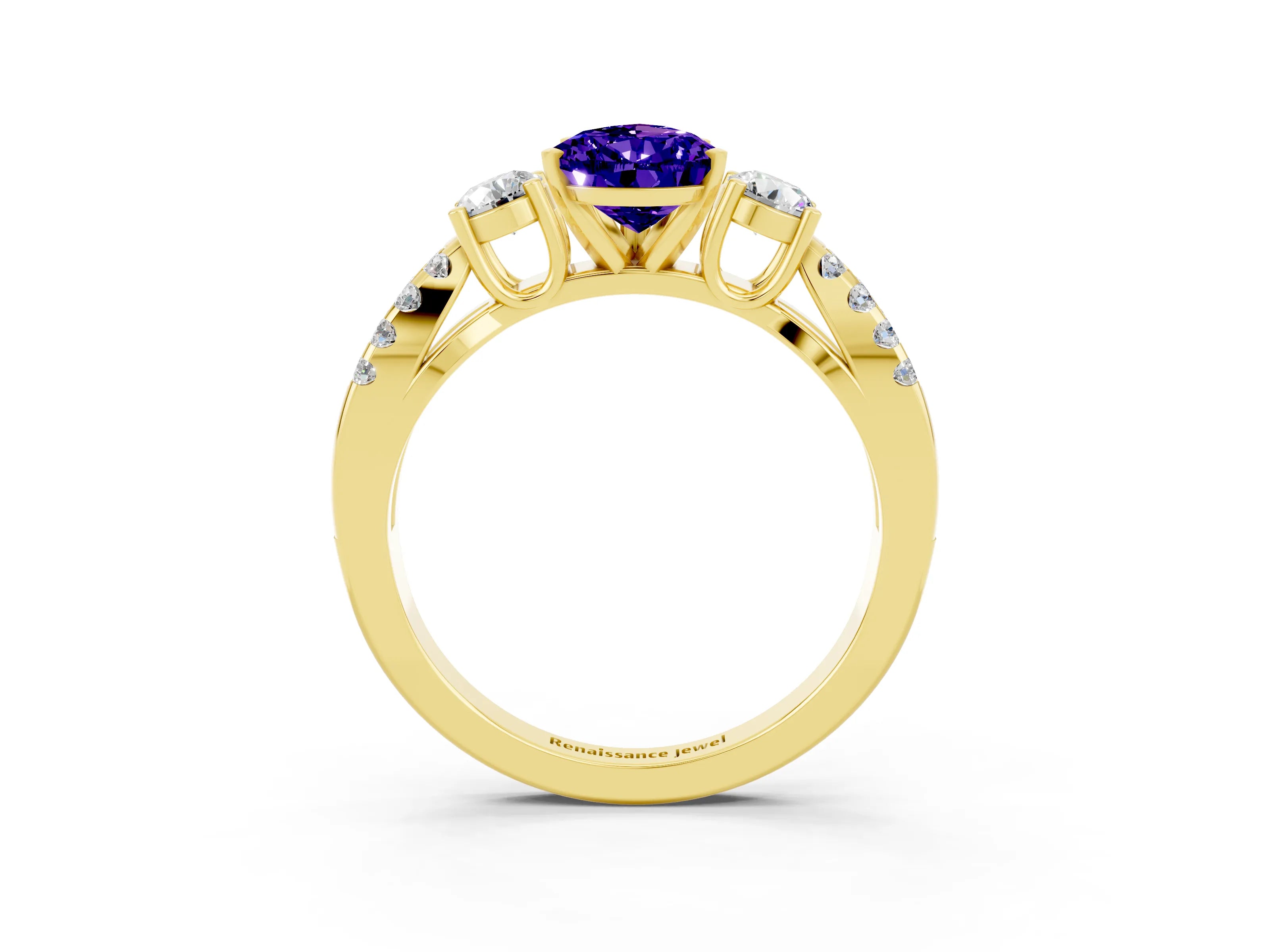 Yellow gold Pear Cut Tanzanite Three-Stone Ring with Pavé Split Shank and Four-Prong Setting_15