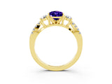Yellow gold Pear Cut Tanzanite Three-Stone Ring with Pavé Split Shank and Four-Prong Setting_15