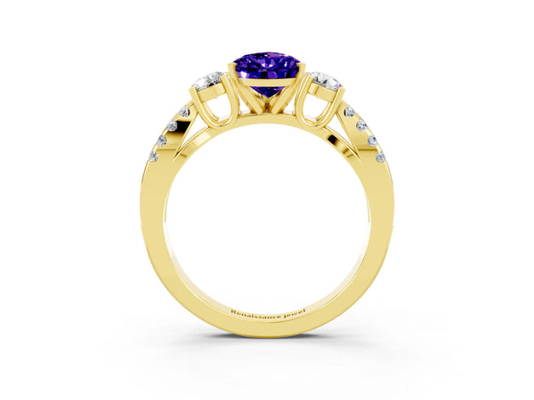 Yellow gold Pear Cut Tanzanite Three-Stone Ring with Pavé Split Shank and Four-Prong Setting