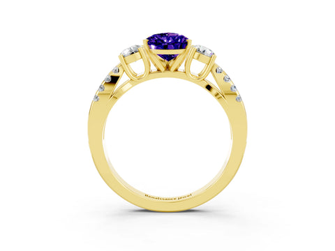 Yellow gold Pear Cut Tanzanite Three-Stone Ring with Pavé Split Shank and Four-Prong Setting_15