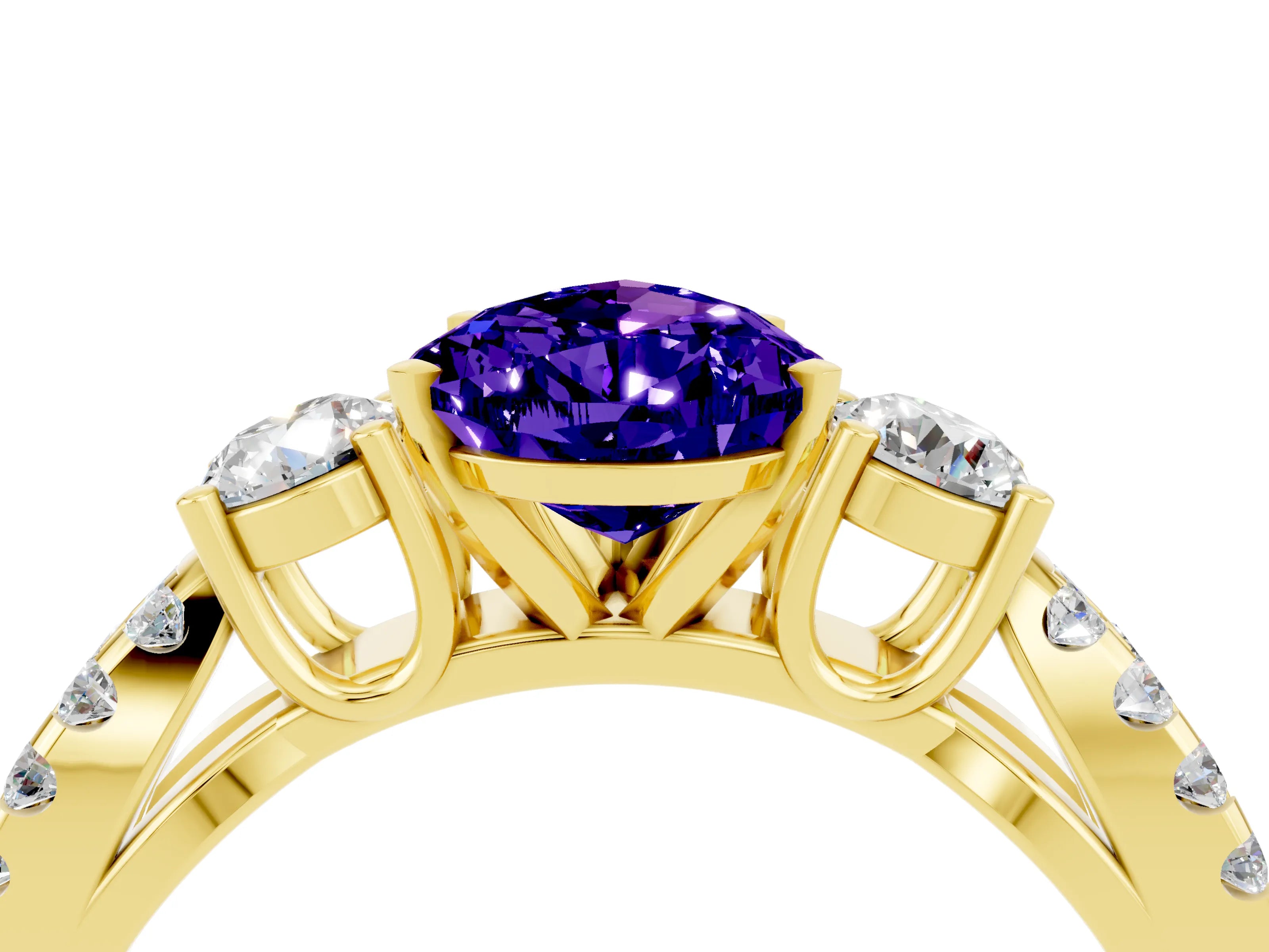 Yellow gold Pear Cut Tanzanite Three-Stone Ring with Pavé Split Shank and Four-Prong Setting_16