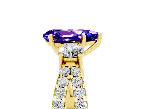 Yellow gold Pear Cut Tanzanite Three-Stone Ring with Pavé Split Shank and Four-Prong Setting_17