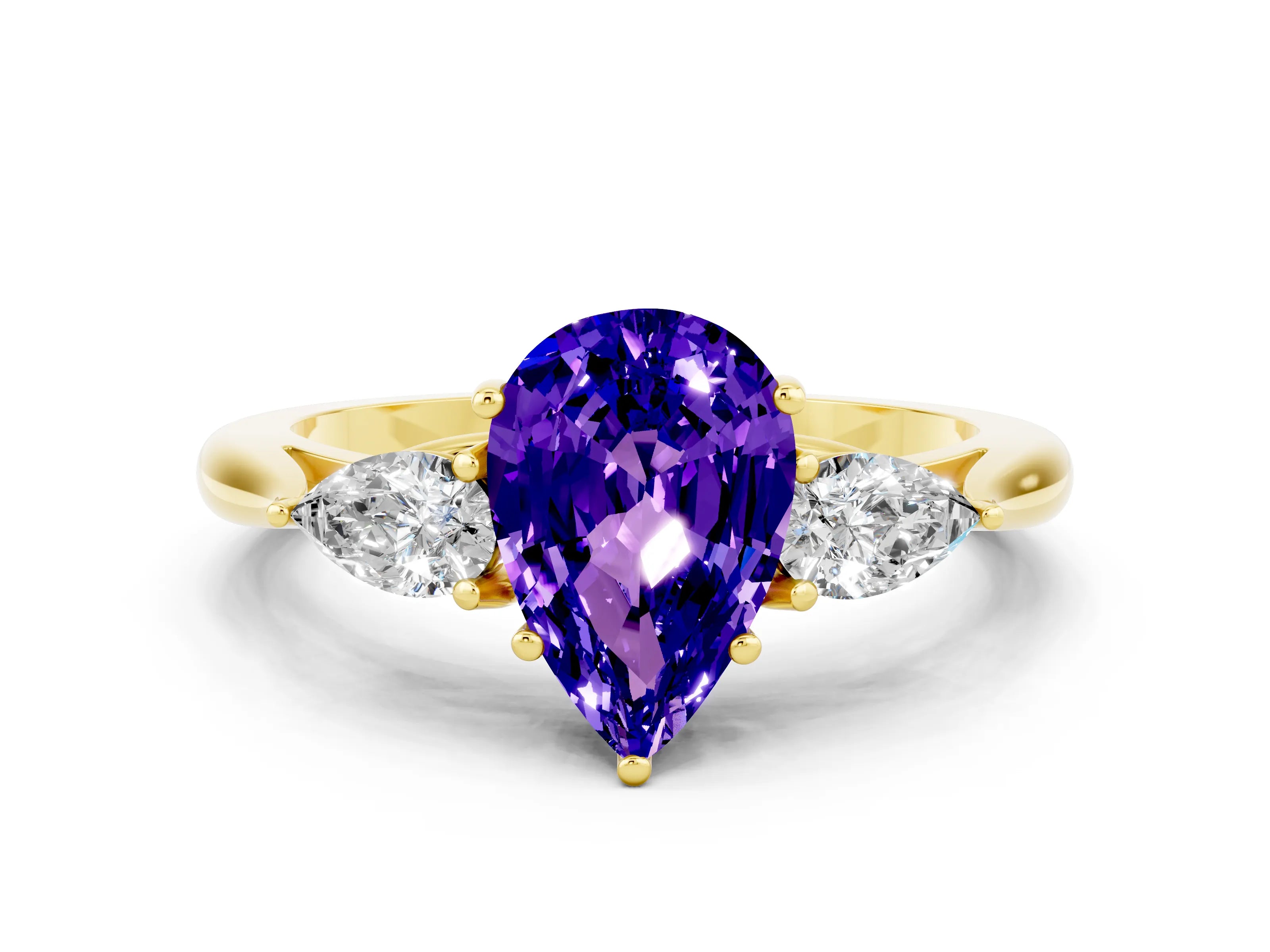 Yellow gold Pear Cut Tanzanite Three-Stone Ring with Pear Side Stones and Four-Prong Setting_12
