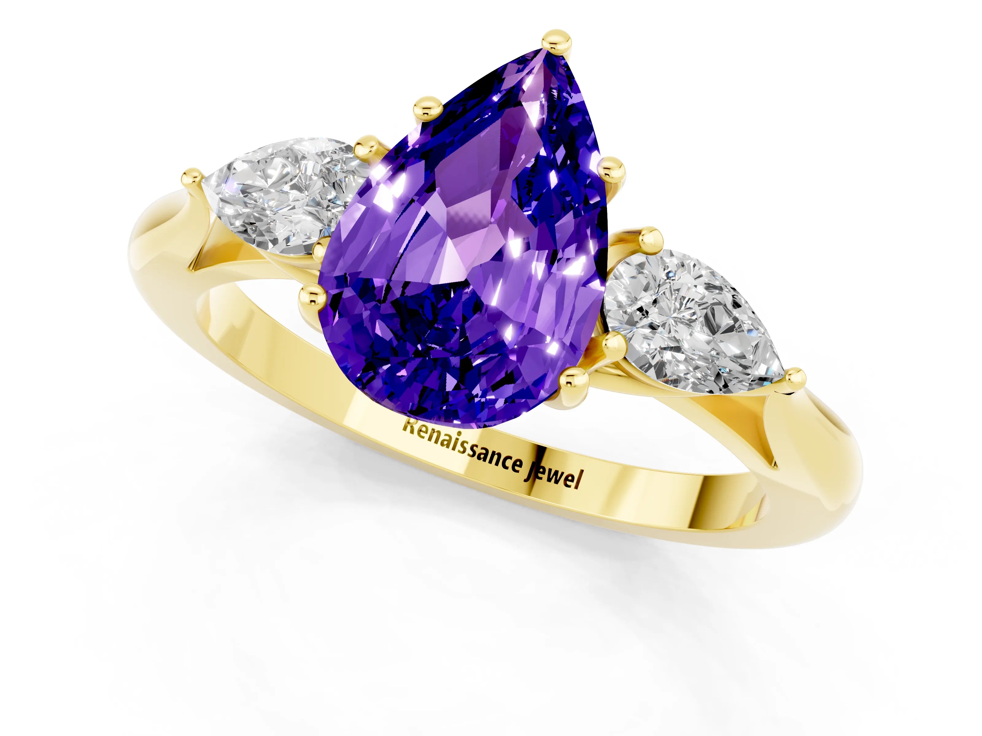 Yellow gold Pear Cut Tanzanite Three-Stone Ring with Pear Side Stones and Four-Prong Setting_13
