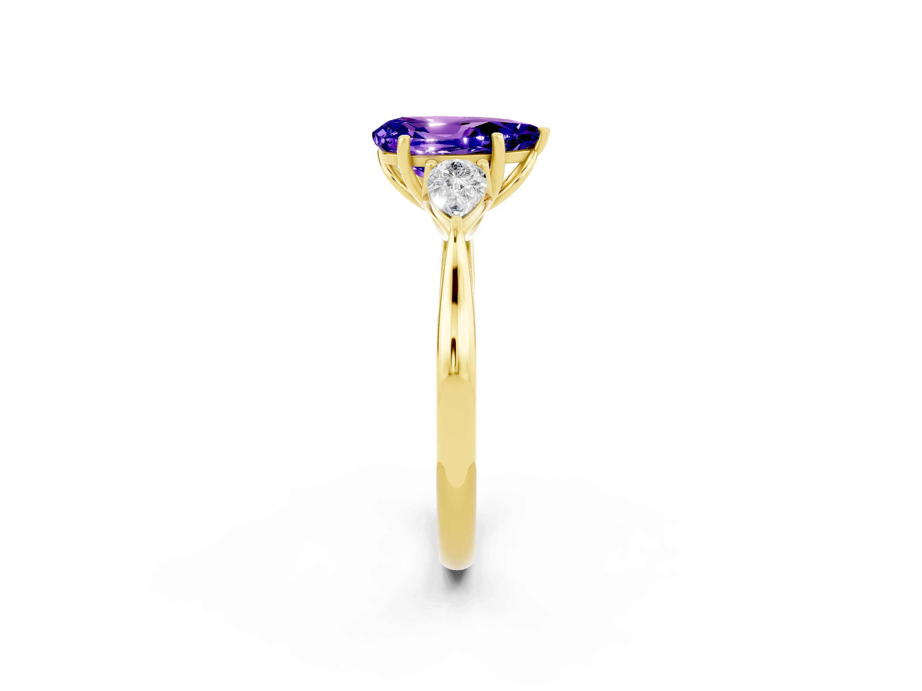 Yellow gold Pear Cut Tanzanite Three-Stone Ring with Pear Side Stones and Four-Prong Setting_14