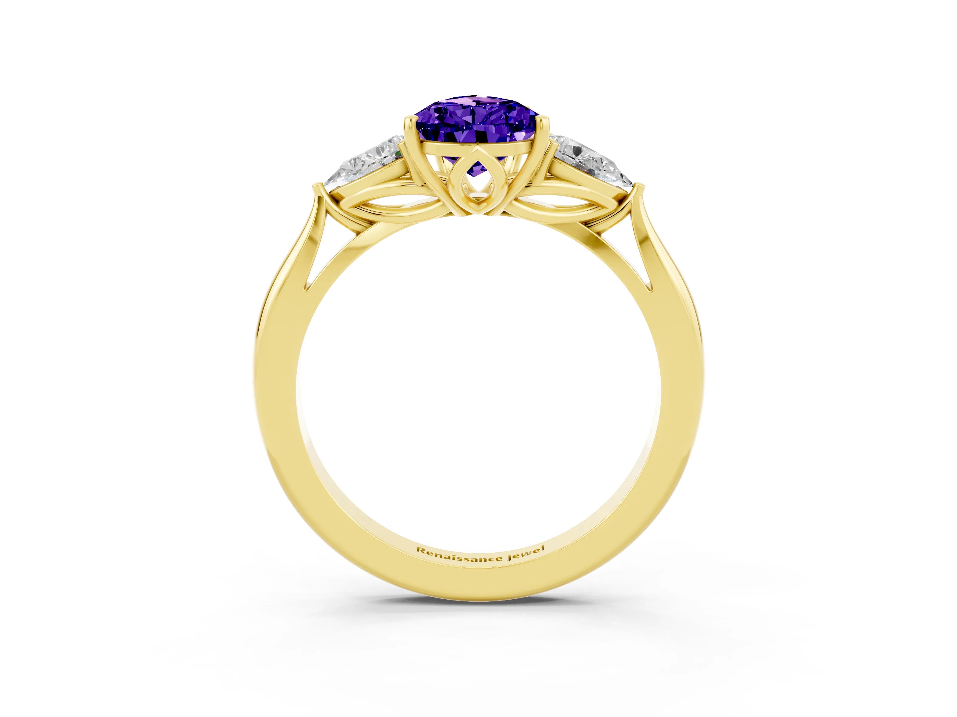 Yellow gold Pear Cut Tanzanite Three-Stone Ring with Pear Side Stones and Four-Prong Setting_15