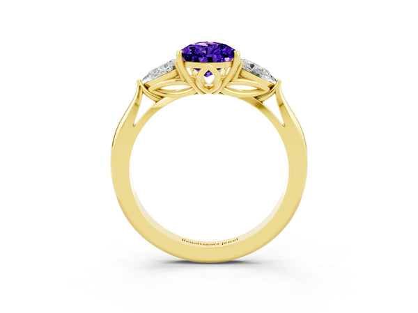 Yellow gold Pear Cut Tanzanite Three-Stone Ring with Pear  Side Stones and Prong Setting