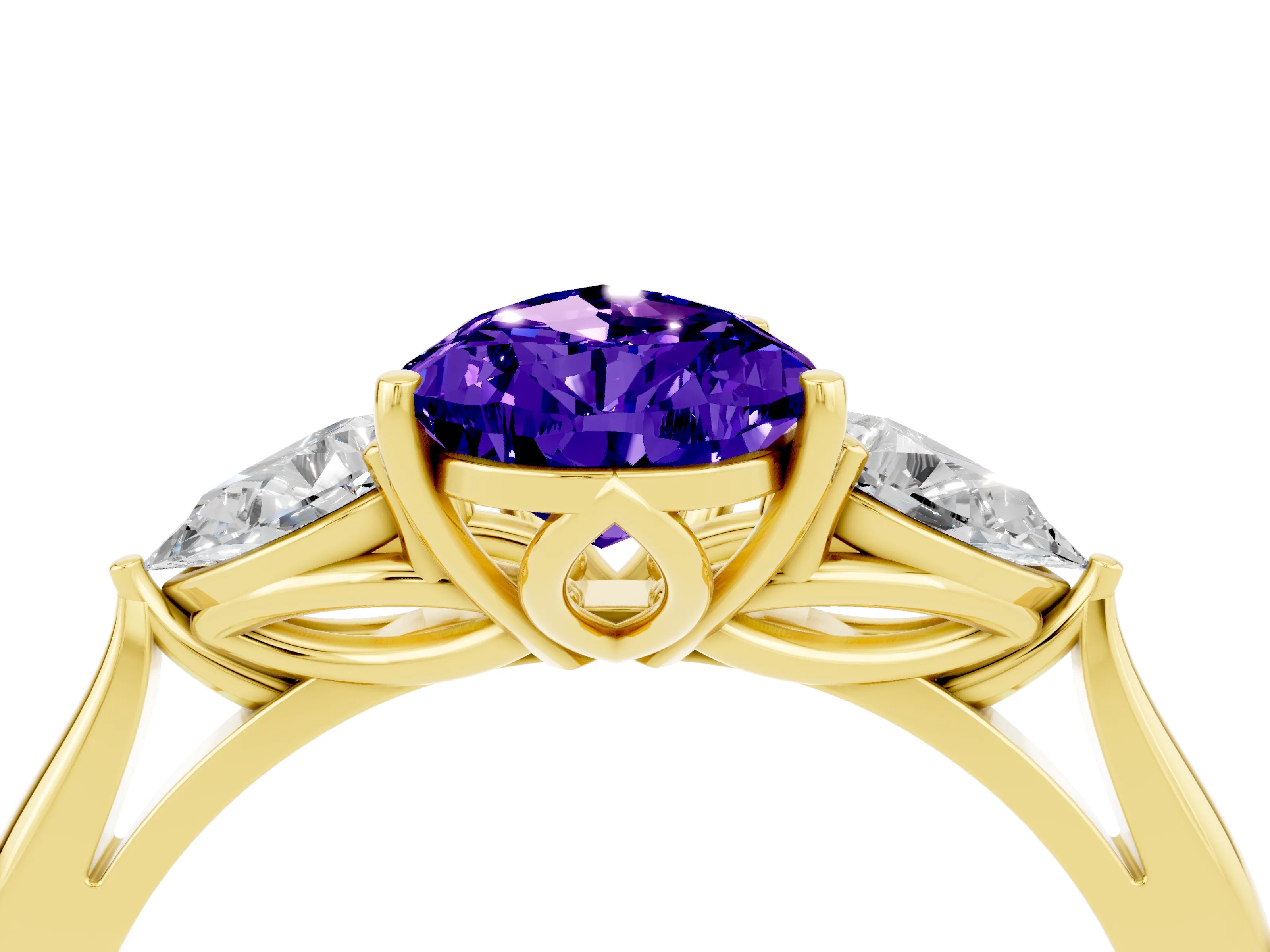 Yellow gold Pear Cut Tanzanite Three-Stone Ring with Pear Side Stones and Four-Prong Setting_16
