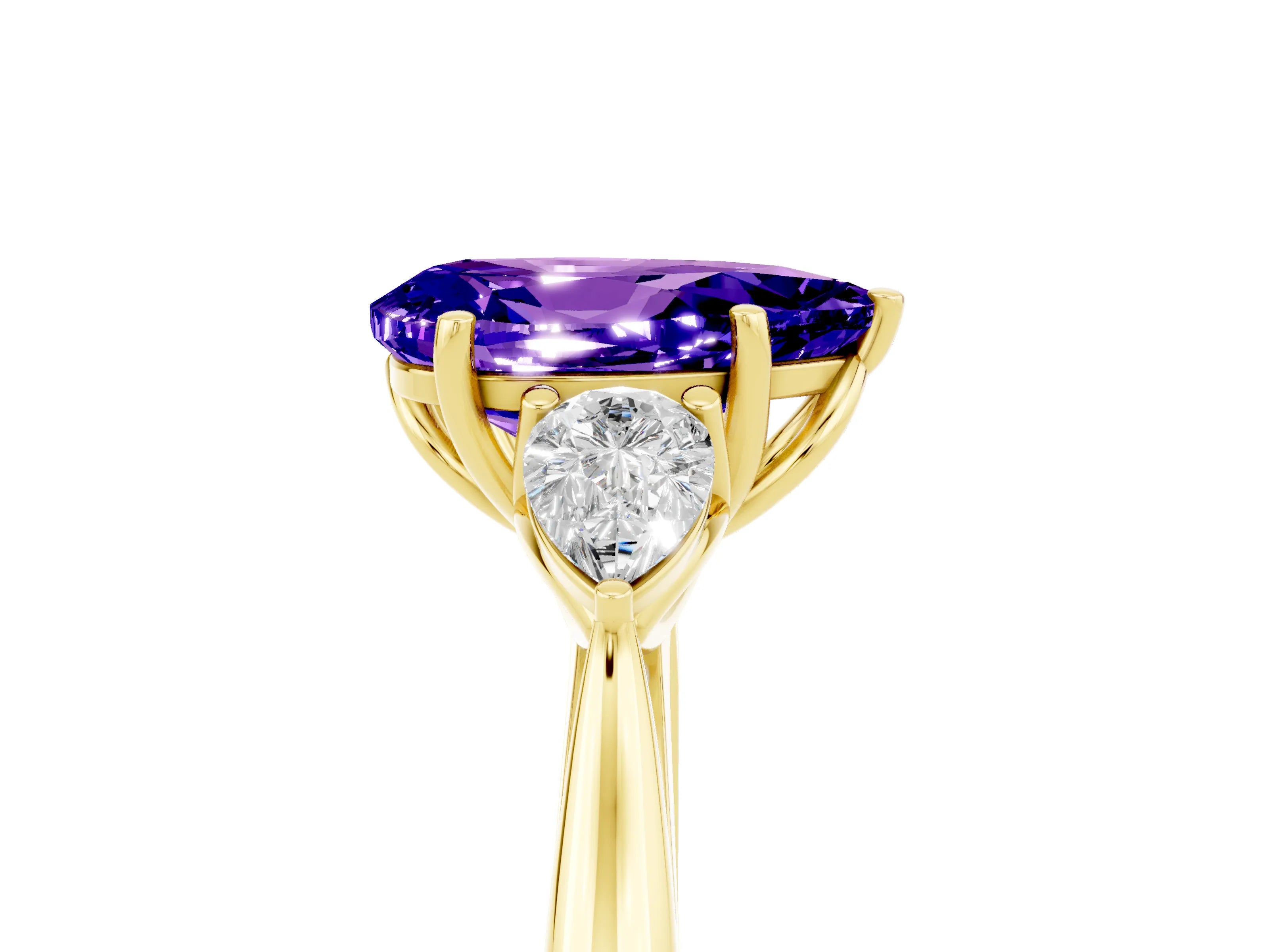 Yellow gold Pear Cut Tanzanite Three-Stone Ring with Pear Side Stones and Four-Prong Setting_17