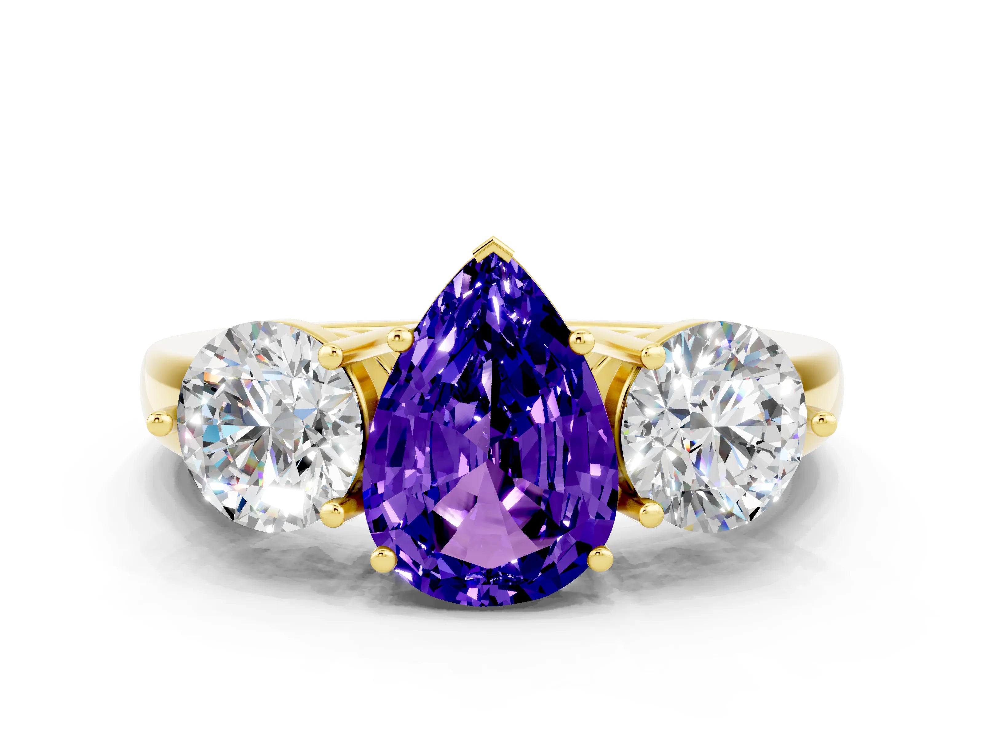 Yellow gold Pear Cut Tanzanite Three-Stone Ring with Prong Setting and Classic Band
