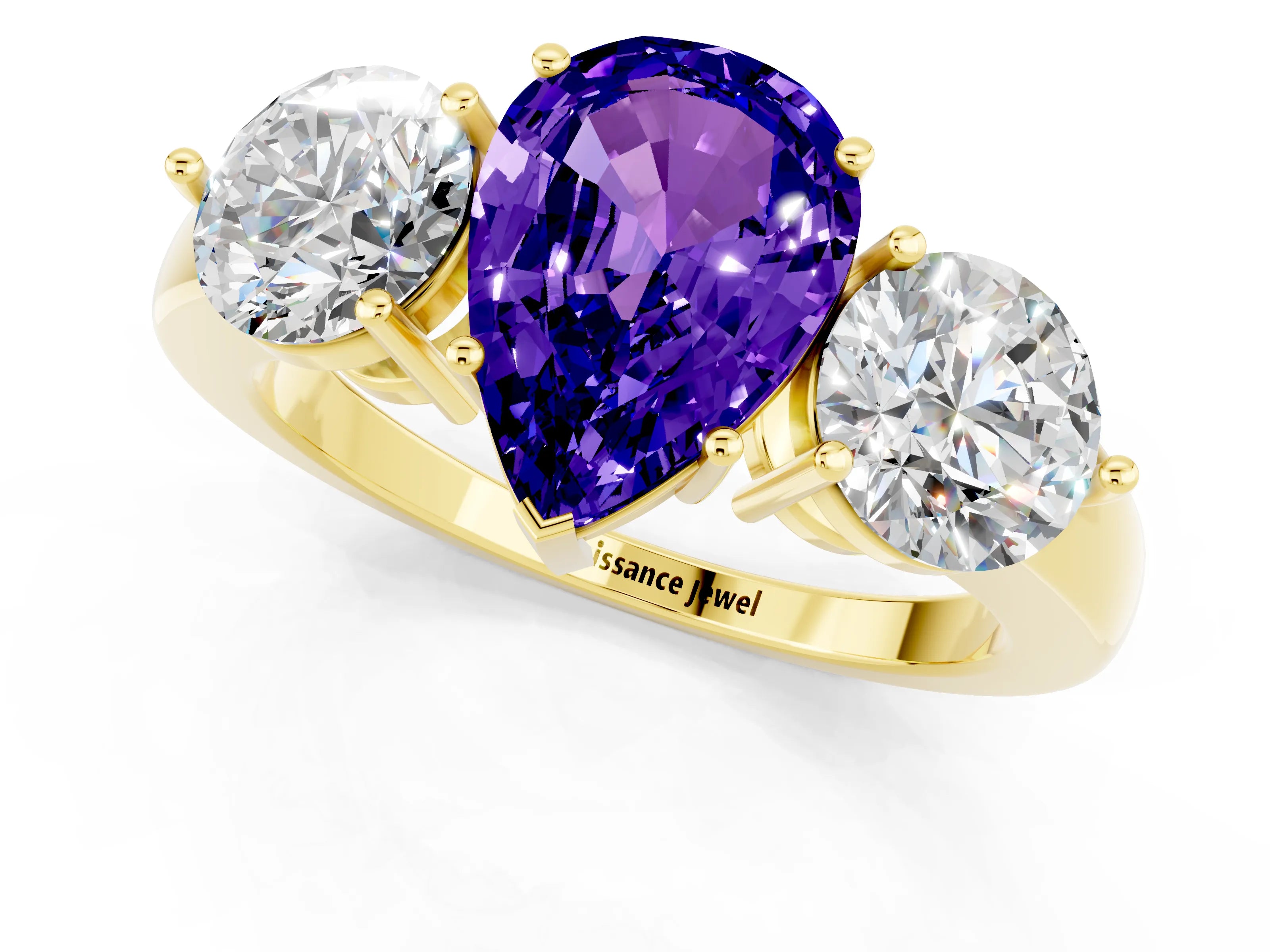 Yellow gold Pear Cut Tanzanite Three-Stone Ring with Prong Setting and Classic Band_1