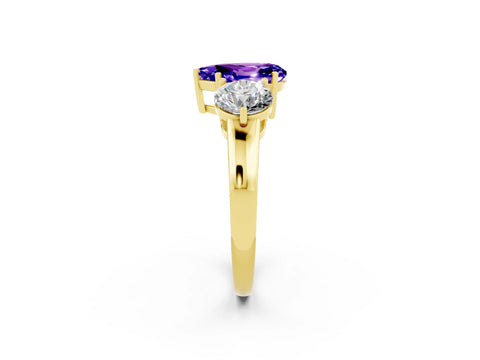 Yellow gold Pear Cut Tanzanite Three-Stone Ring with Prong Setting and Classic Band_2