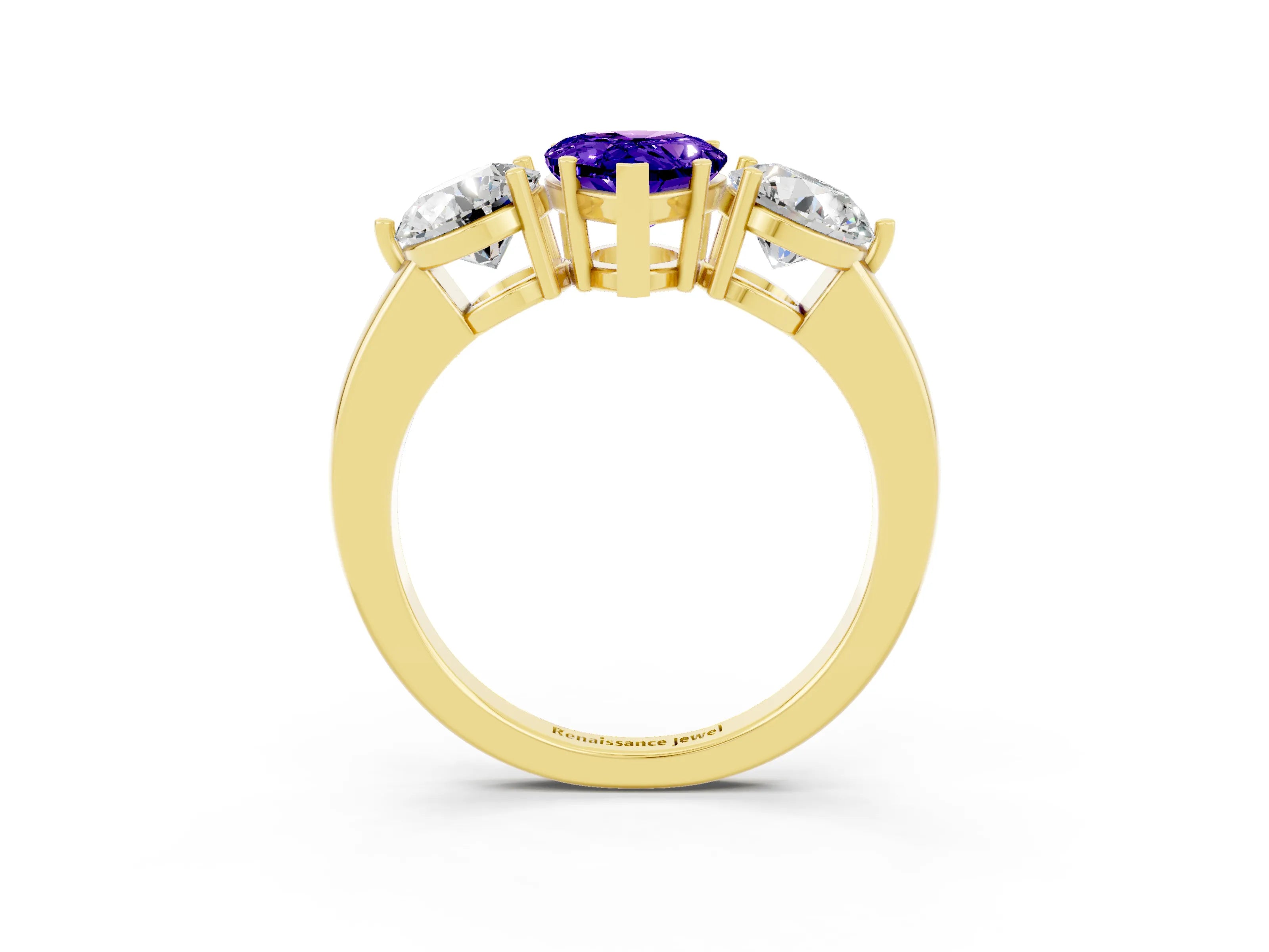 Yellow gold Pear Cut Tanzanite Three-Stone Ring with Prong Setting and Classic Band_3