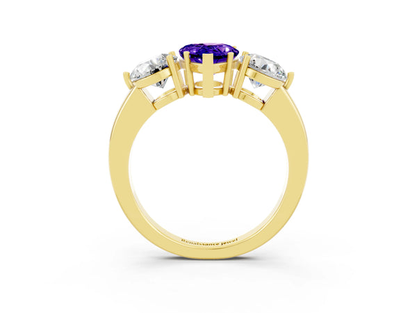 Yellow gold Pear Cut Tanzanite Three-Stone Ring with Prong Setting and Classic Band