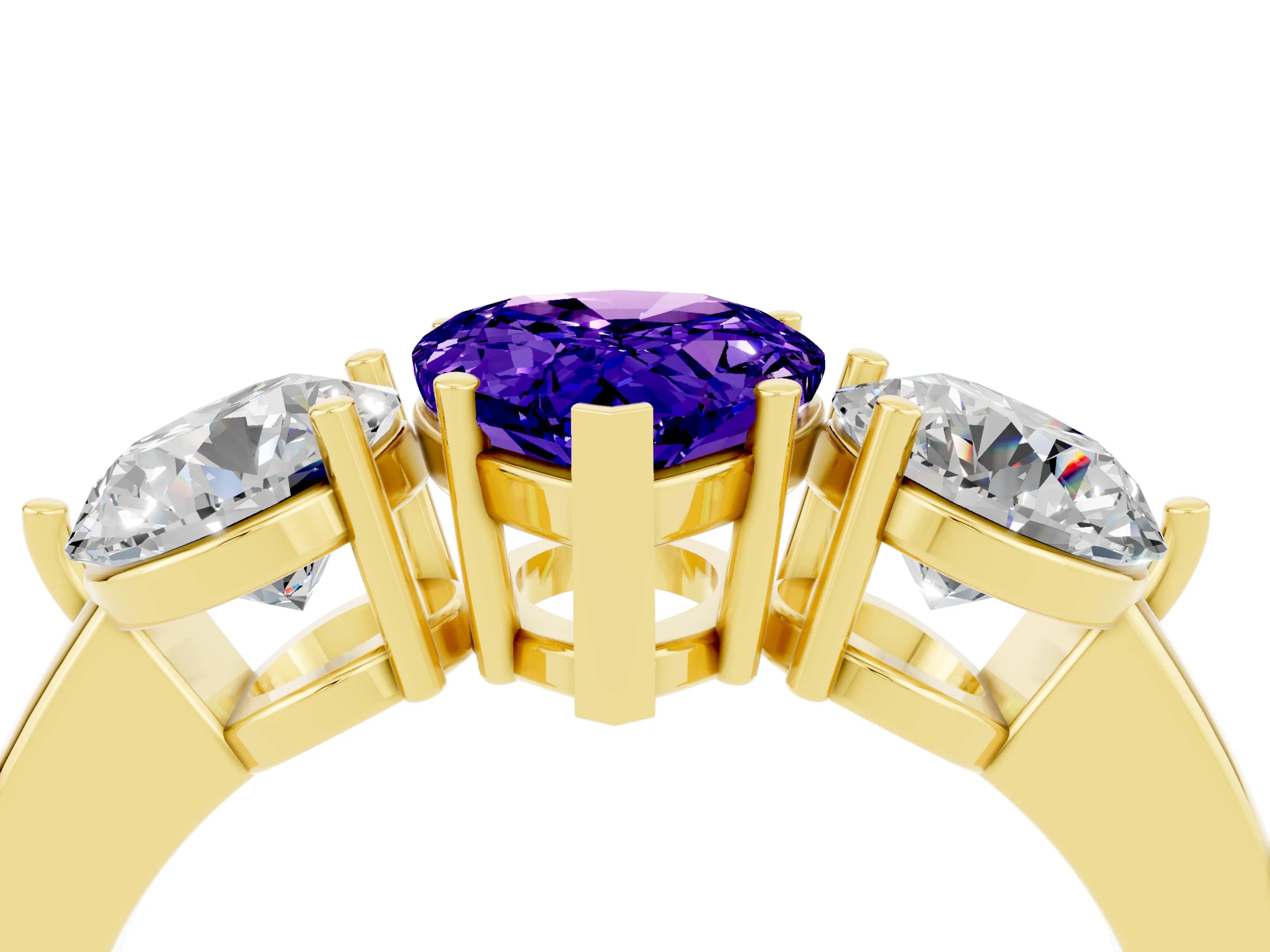 Yellow gold Pear Cut Tanzanite Three-Stone Ring with Prong Setting and Classic Band_4