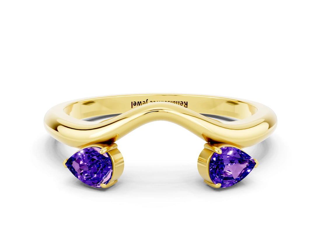 Yellow gold Pear Cut Tanzanite Two-Stone Open Band Ring with Prong Setting_6