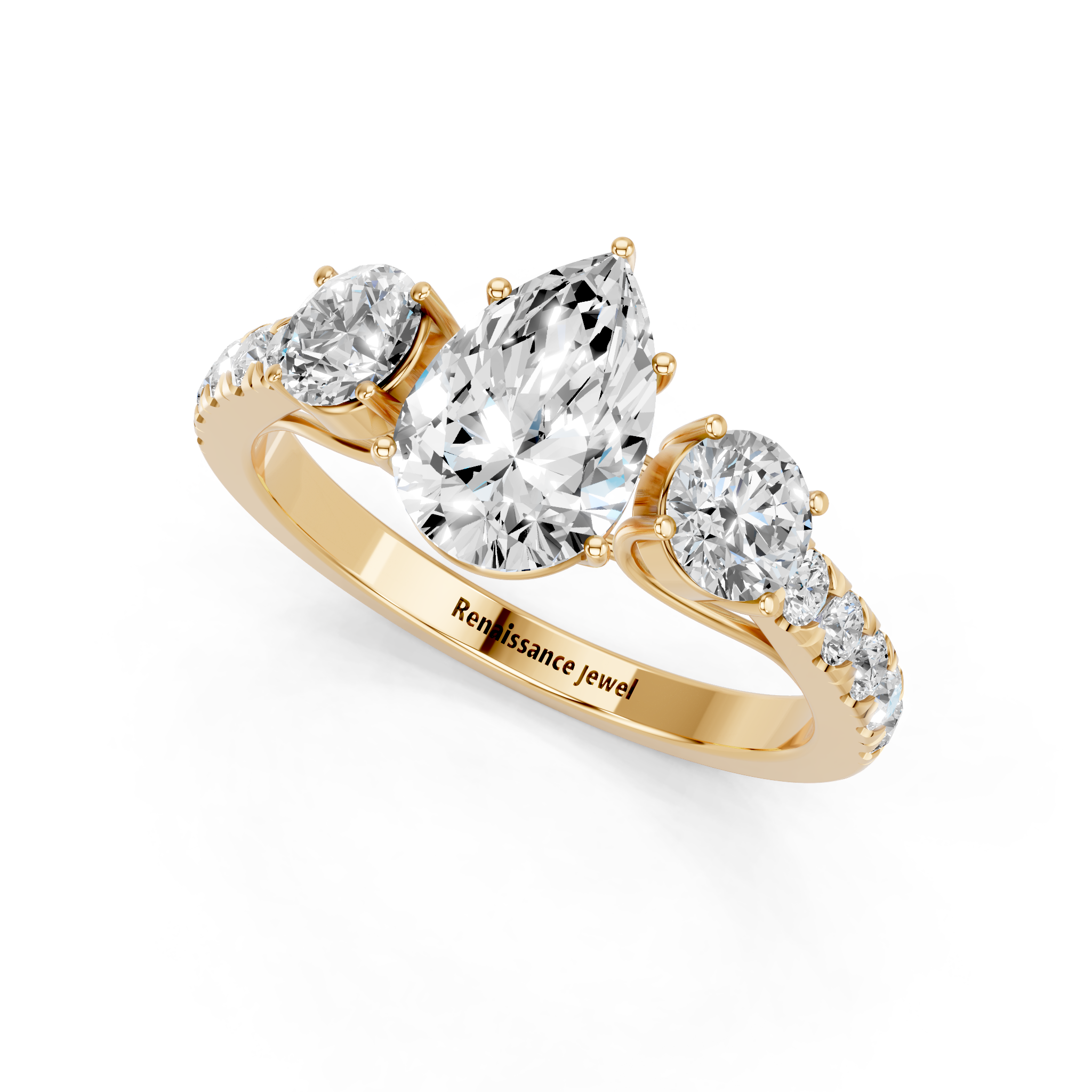 Yellow gold Pear Cut Three-Stone Diamond Pave Band with Prong Setting_53