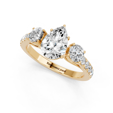 Yellow gold Pear Cut Three-Stone Diamond Pave Band with Prong Setting_53