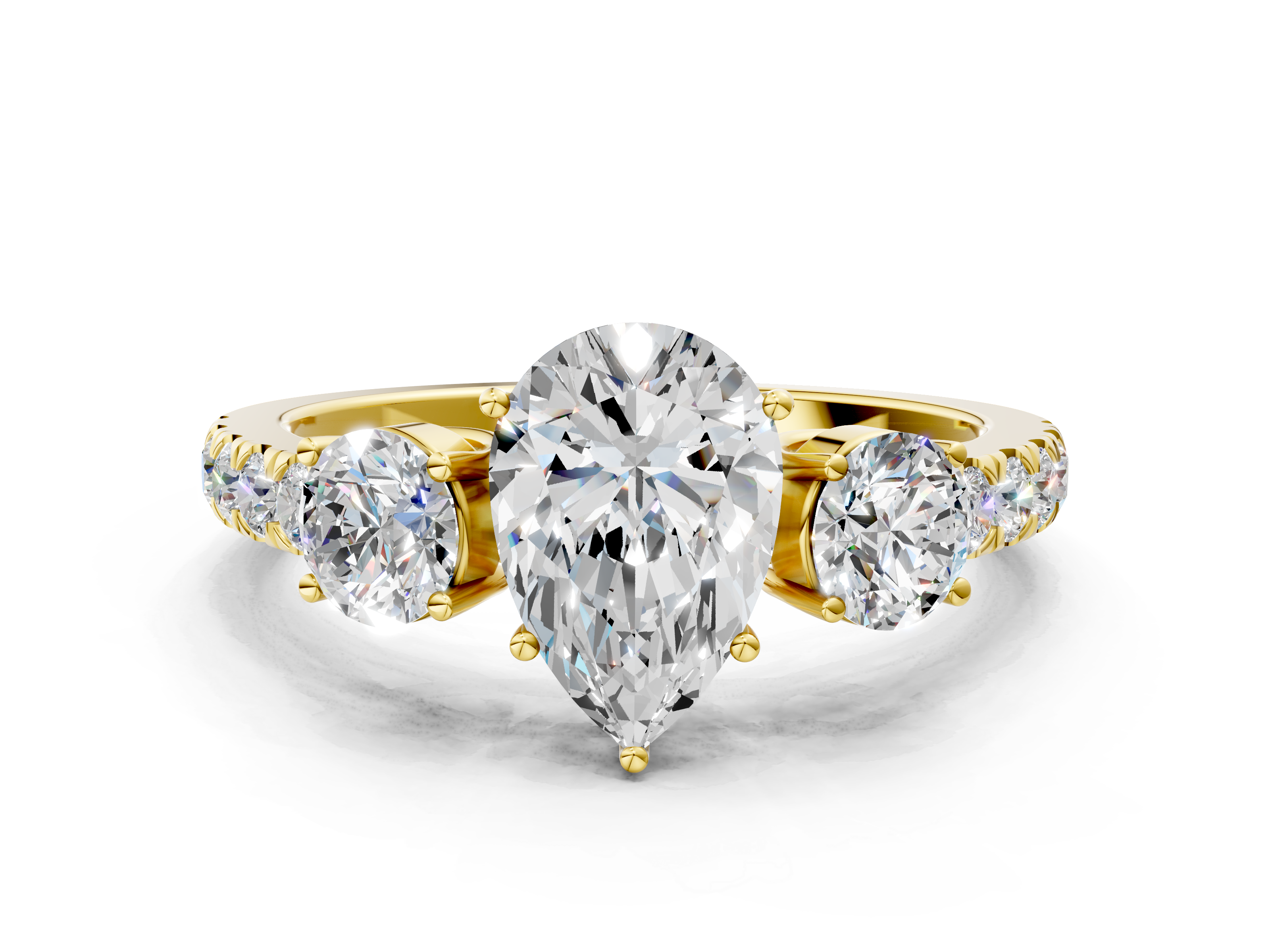 Yellow gold Pear Cut Three-Stone Diamond Pave Band with Prong Setting_91
