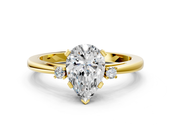 Yellow gold Pear Cut Three-Stone Solitaire Ring with Round Accent Diamonds and Four-Prong Setting