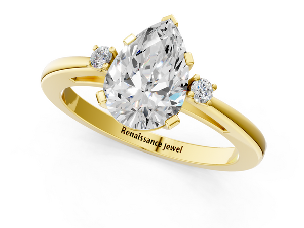 Yellow gold Pear Cut Three-Stone Solitaire Ring with Round Accent Diamonds and Four-Prong Setting