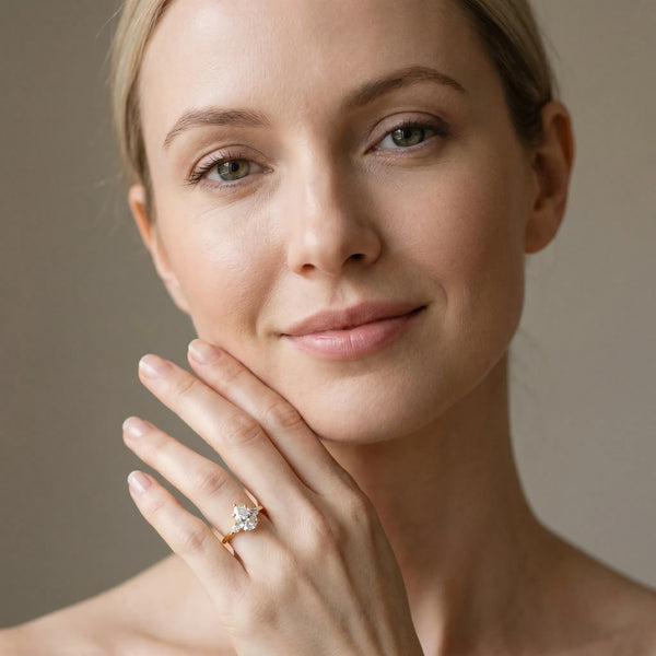 Yellow gold Pear Cut Three-Stone Solitaire Ring with Round Accent Diamonds and Four-Prong Setting