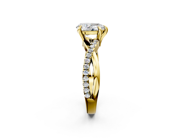 Yellow gold Pear Cut Twist Band Solitaire Diamond Ring with Pavé Setting