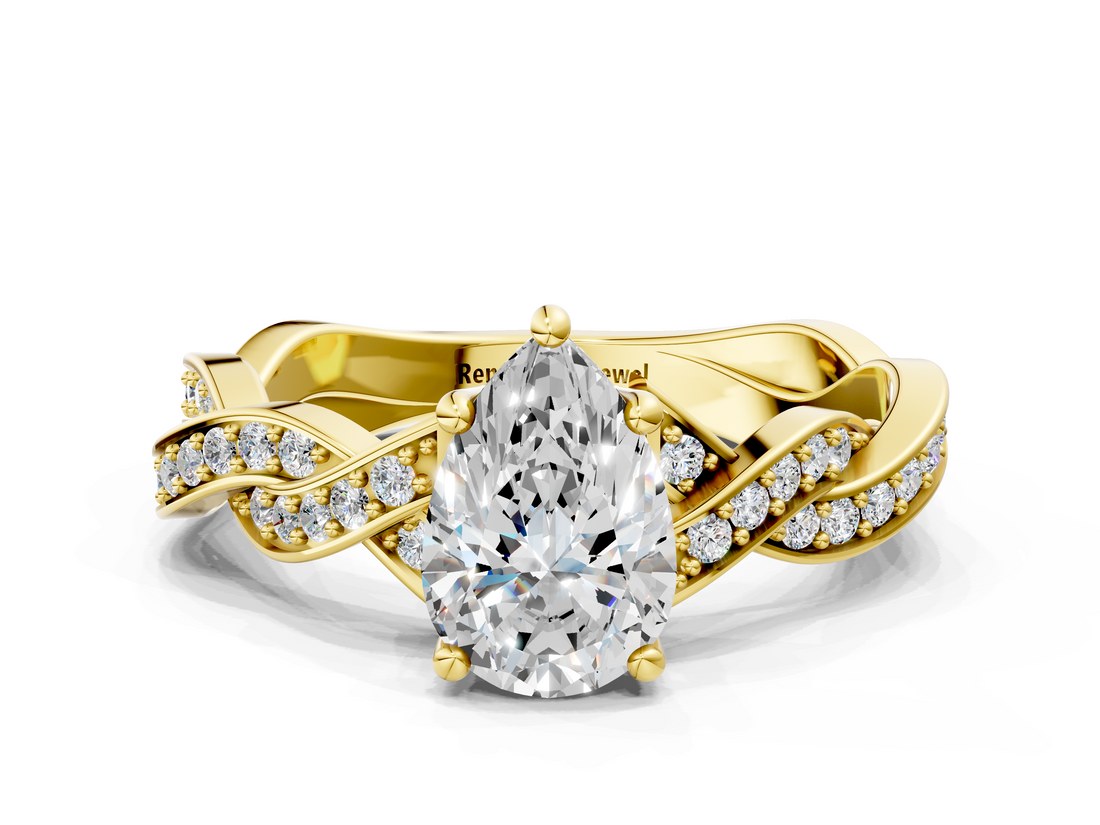 Yellow gold Pear Cut Twisted Pavé Band Solitaire Ring with Four-Prong Setting_116