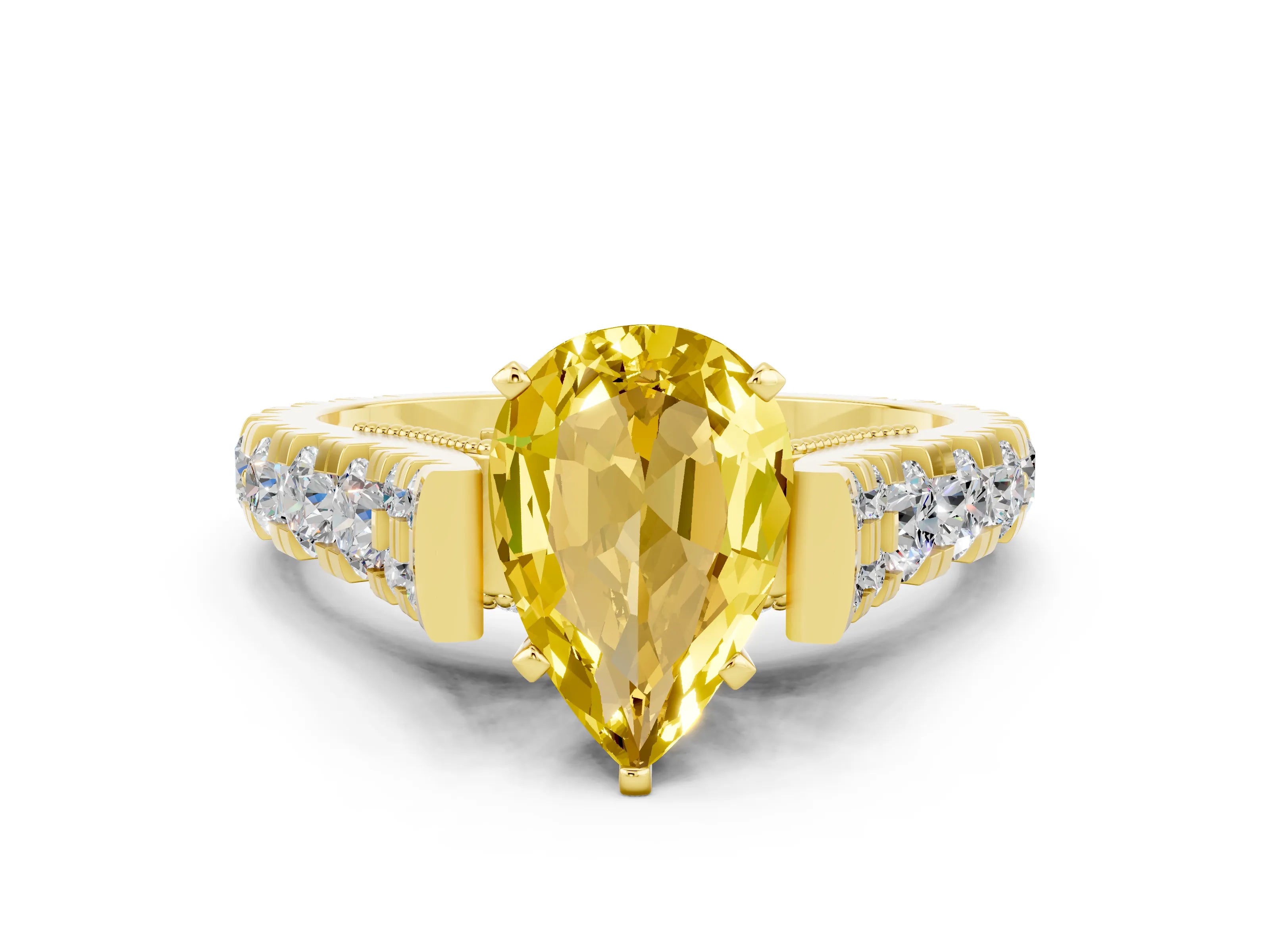 Yellow gold Pear Cut Yellow Sapphire Classic Solitaire Ring with Pavé Band and Four-Prong Setting_12