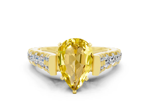 Yellow gold Pear Cut Yellow Sapphire Classic Solitaire Ring with Pavé Band and Four-Prong Setting